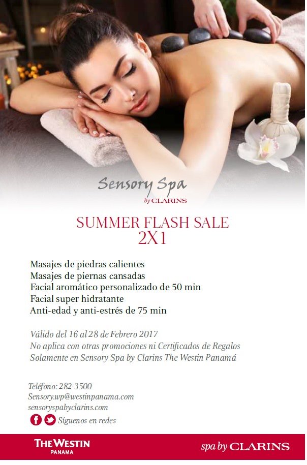 2 X 1 Flash Sale en nuestro Sensory Spa by Clarins! 
Aprovecha esta inmejorable promoción! #spa #massage #panama #costadeleste #relax #zen