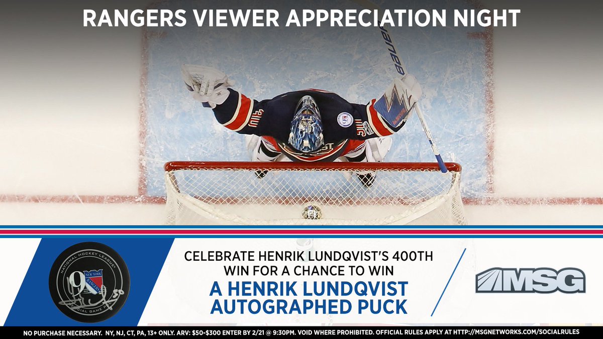 MSGNetworks's tweet image. RT if you salute @HLundqvist30 for reaching the exclusive 400-win club! Watch the @NYRangers on MSG to see if you've won! #NYRonMSG