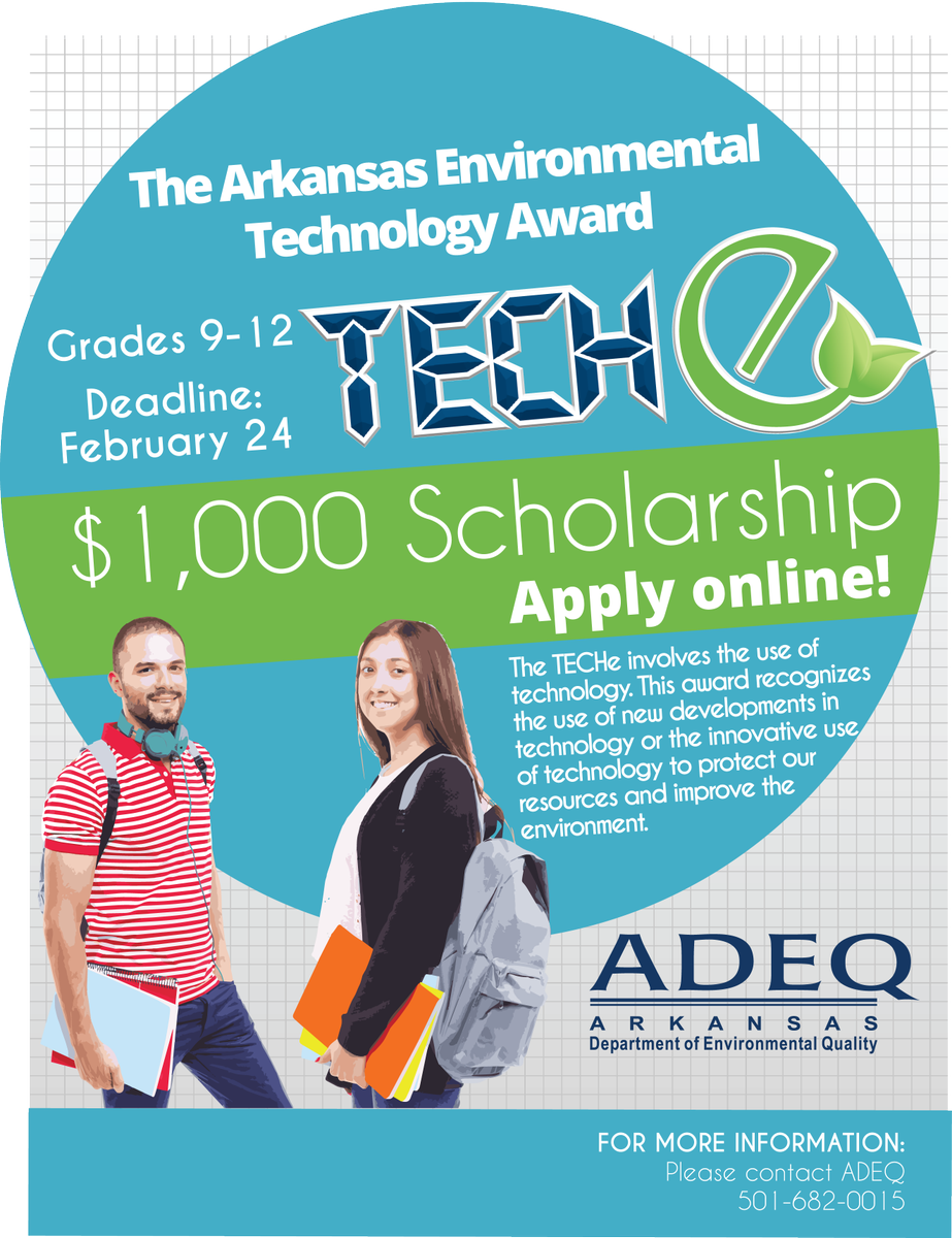 ArkansasDEQ's tweet photo. HS Students—deadline is this Friday to submit your application for a $1000 scholarship! #ARnews #ARStem https://t.co/XIXwPpFYWa https://t.co/RPZyxhnAIc