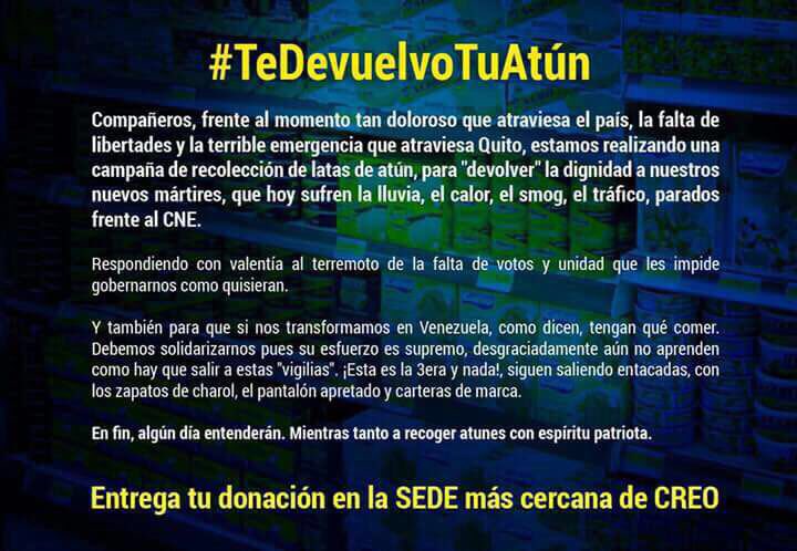 joseandresm7's tweet photo. #TeDevuelvoTuAtun yo también me solidarizo con los nuevos "mártires" de su bolsillo, la pelucolandia levantada en Quito https://t.co/8eYRt2NIKk