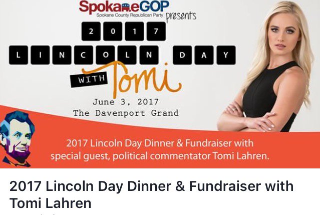 WAGOP's tweet image. ON SALE TODAY: Spokane GOP Lincoln Day Dinner w/ conservative commentator @TomiLahren. Tickets start at $80- spokanegop.com