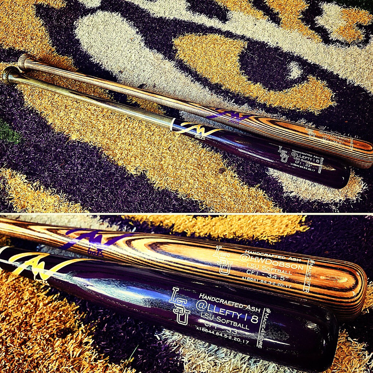 LLefty18's tweet photo. Fungos are here just in time for Palm Springs. @JAWbats coming thru W beautiful custom ash. @lsusoftball #Made4LSU #HandMADE #MadewithLOVE https://t.co/xR8wGhfmNl