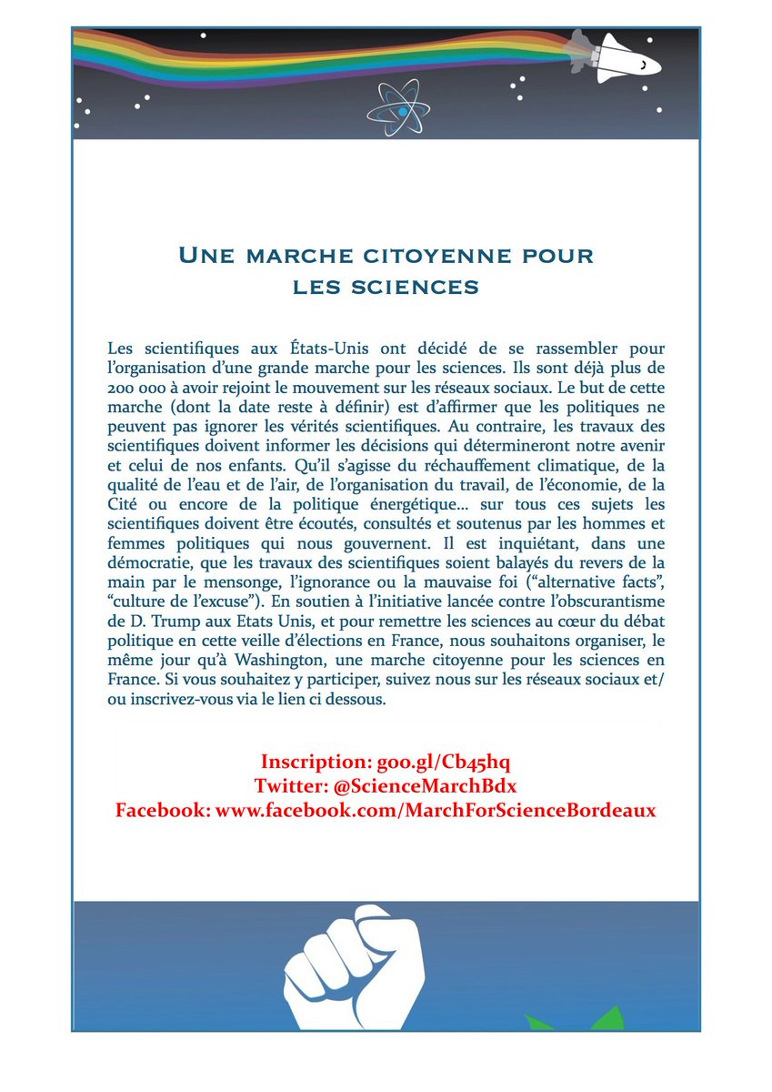 Tousensciences's tweet photo. Appel de @ScienceMarchBdx Venez nous rejoindre! Inscription: https://t.co/4KRDMxKJwH RT apprécié! https://t.co/j9fBlU0S48