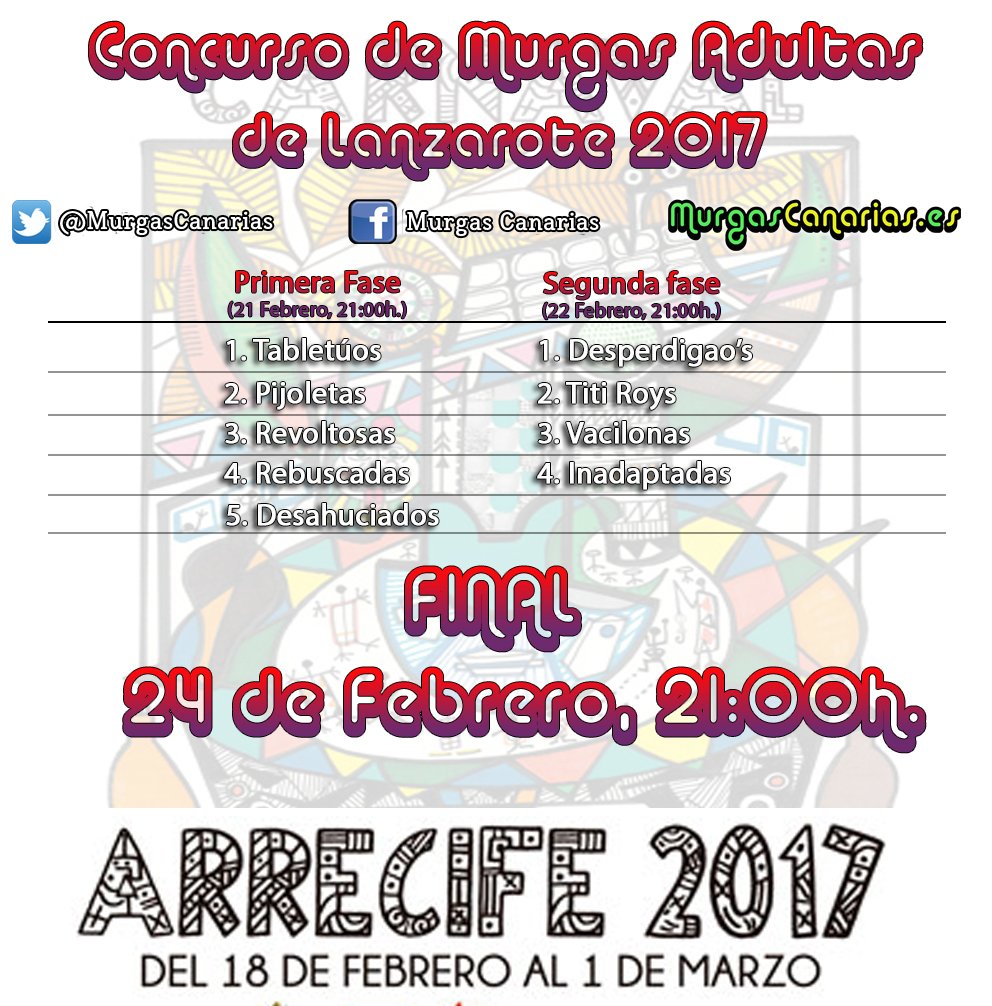 MurgasCanarias's tweet photo. #MurgasLZT
2ª FASE
1. @desperdigaos
2. Titi Roys
3. @MurgaVacilonas
4. Inadaptadas https://t.co/U8pnbqrRQT