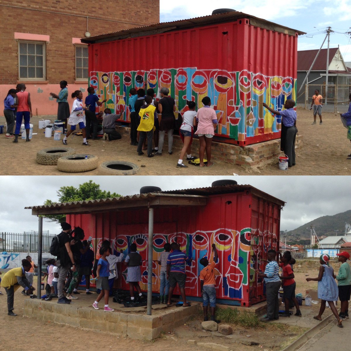 What an awesome day with kids of Dreyden Primary painting Ama-Sweedi at their school @IPAFcapetown #senzart911worldwide #graffiti