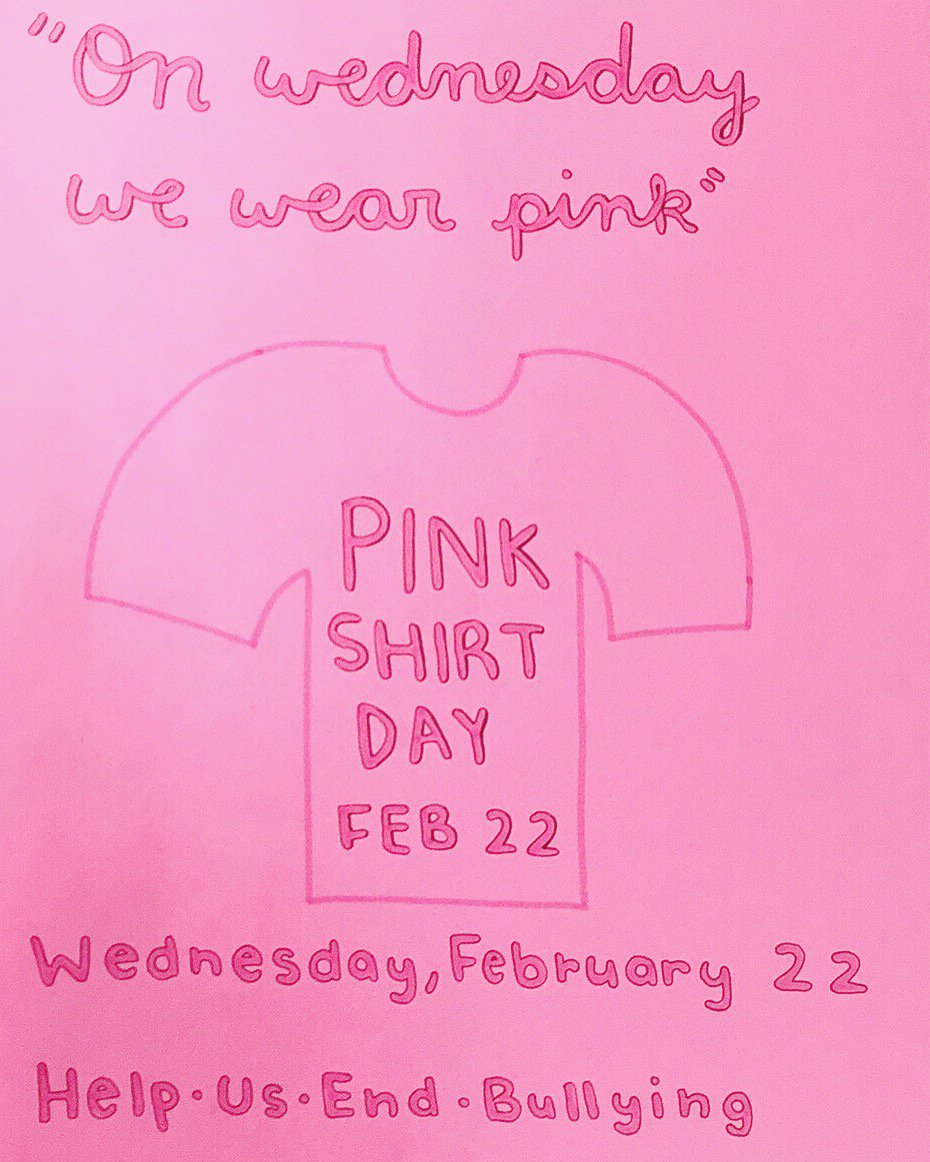 Pink shirt day is tomorrow! Wear pink to support anti-bullying initiatives😊 Visit the cafeteria at lunch for plenty of fun activities!