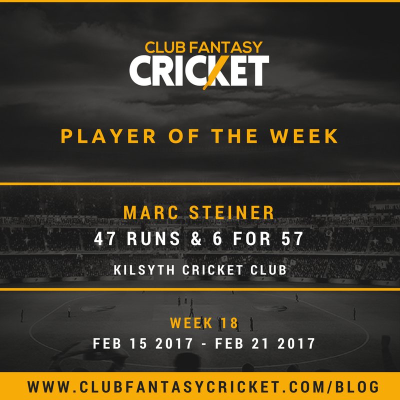 ClubFantasyCric's tweet photo. #ClubFantasyCricket #PlayerOfTheWeek #Feb22 #Week18 is @KilsythCC's Marc Steiner https://t.co/qxzwVnIBEj
#FantasySquareByClubFantasyCricket https://t.co/91XA4dgHNt