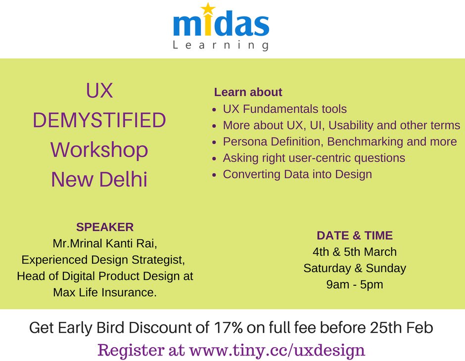 MidasLearning's tweet image. Learn to design great products by focusing on the user. Grab EARLY BIRD OFFERS! Book your SEAT Now!  buff.ly/2lmg1Cc #Uxdesign #ux
