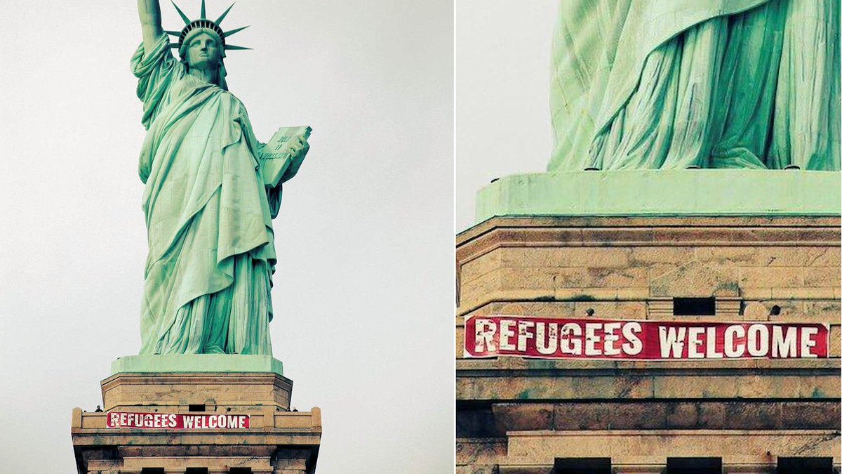thehill's tweet image. Activists unfurl &quot;Refugees Welcome&quot; banner on Statue of Liberty: hill.cm/LbkPibF