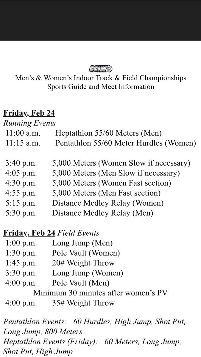 IWU_XCTF's tweet photo. Schedule for the CCIW Indoor Track &amp; Field Championships, this Friday and Saturday at the Shirk Center!! https://t.co/RtqsBsLGsA