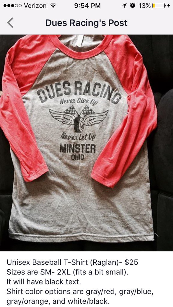 PDues_87's tweet photo. Dues Racing shirts! If interested text 937-638-6699. More details at Dues Racing on Facebook . Orders due 3/3/17. https://t.co/qvtjLeaUzn
