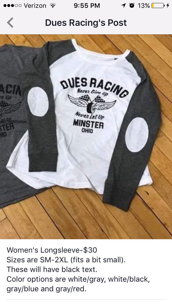 PDues_87's tweet photo. Dues Racing shirts! If interested text 937-638-6699. More details at Dues Racing on Facebook . Orders due 3/3/17. https://t.co/qvtjLeaUzn