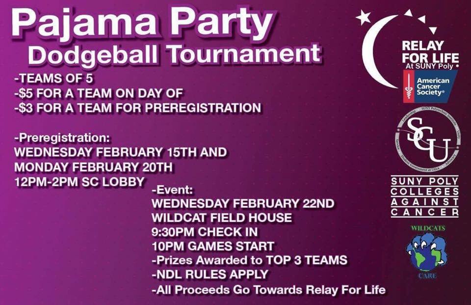 Tomorrow there's a meeting at 4:30 and also our co sponsored dodgeball tournament with Colleges against cancer at 10pm Field House.