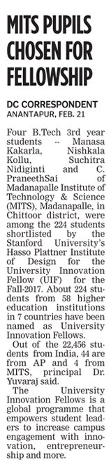 MITS_College's tweet photo. 4 students at MITS named University Innovation Fellows by Stanford https://t.co/Vwc9HbqPT8 https://t.co/tnNhiu7KMV