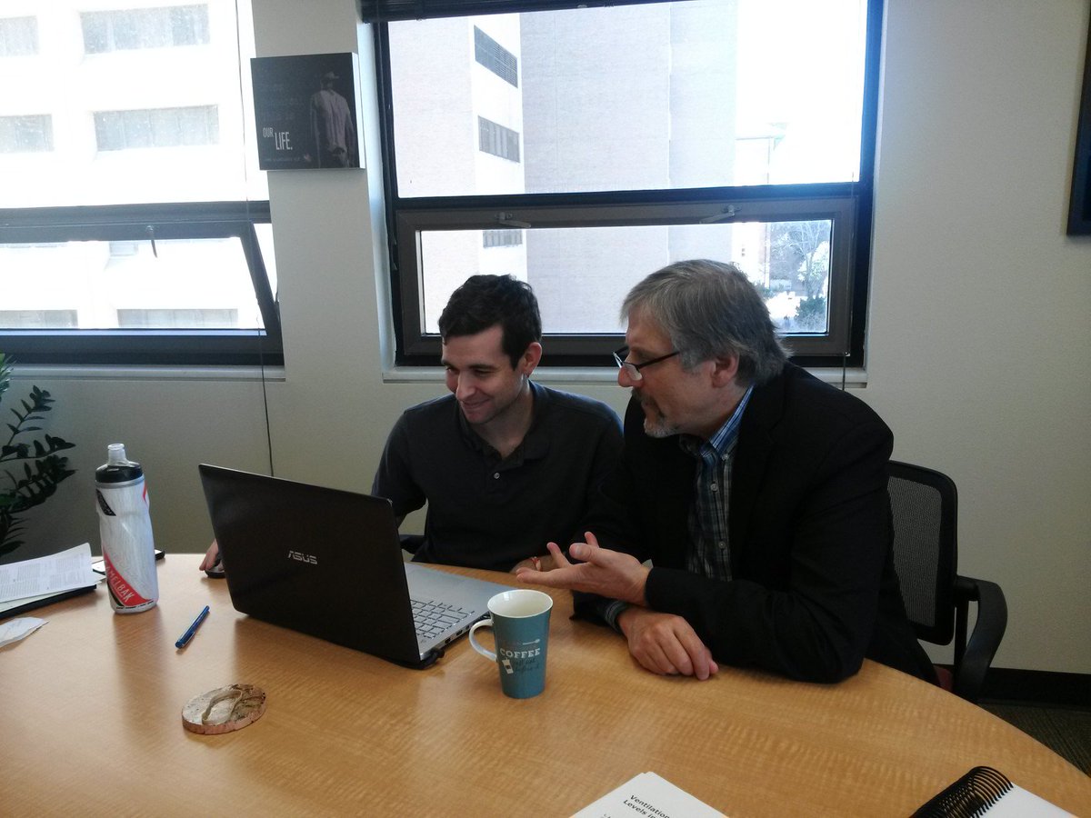CorsIAQ's tweet photo. Graduate student @Grinchxc &amp; me on the cusp of solving for #UltrafineParticle surface decay rates in #photocopy rooms. 
#IAQ #nanoparticles https://t.co/4qZc9500Oy