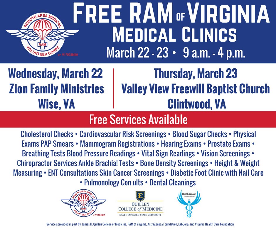 RAMofVA's tweet photo. @amandaf122483 @MyrtleManor_AA Please help us spread the word about our upcoming free medical clinics in Wise and Clintwood! https://t.co/ofDoHbLXRO
