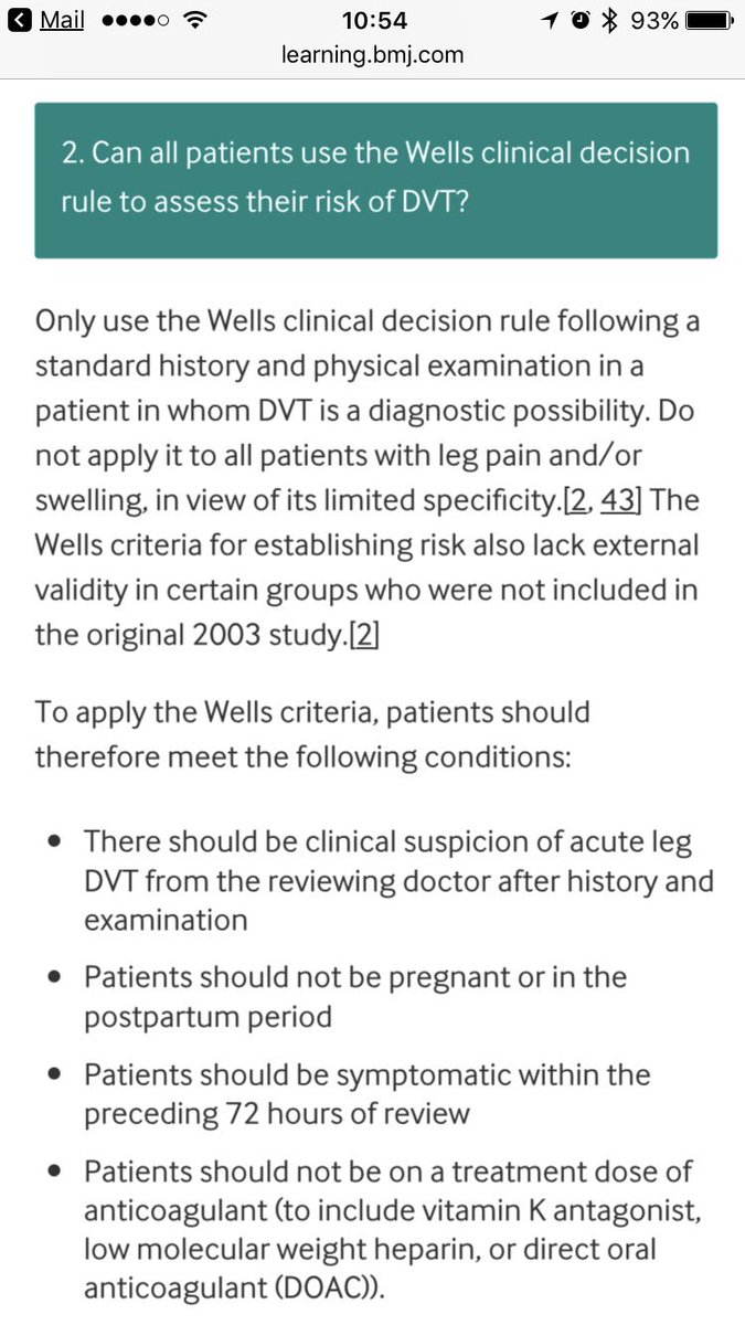 4hrEmergencyDoc's tweet photo. Do the basics well. If you suspect a DVT do a Wells score. Simply 'having a leg' doesn't make it a DVT #Riskstratify https://t.co/11PqdWw2zH