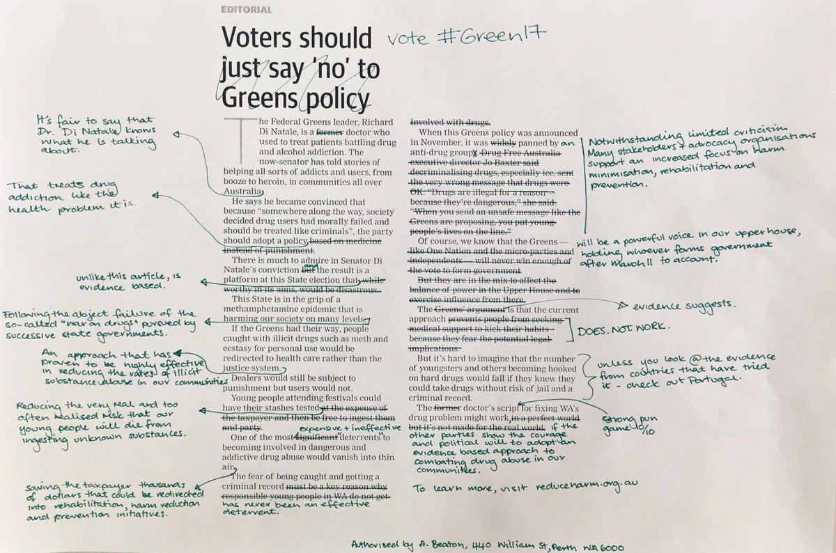 TheGreensWA's tweet photo. “I fixed it.” - Hannah Milligan, candidate for Perth, has taken a green pen to today’s @westaustralian editorial. #wavotes https://t.co/xhfXX2y8EG