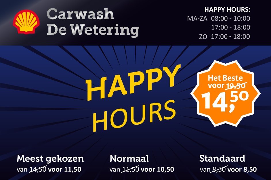 ShellDeWetering's tweet image. Kom wassen tijdens onze Happy Hours en ontvang grote korting op onze wasprogramma's! #HappyHour #Korting #ShellDeWetering