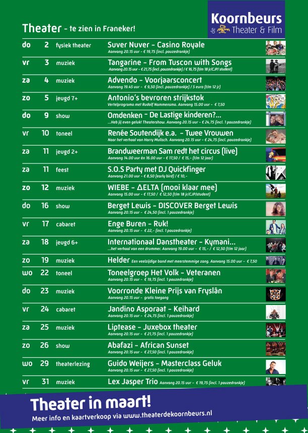 Maart staat boordevol met <a href="/JandinoAsporaat/">Jandino ♥</a> <a href="/TangarineNL/">Tangarine</a> <a href="/BrandweerSamNL/">Brandweerman Sam</a> @WiebeKaspers <a href="/BergetLewis/">Berget Lewis</a> <a href="/EngeBuren/">EngeBuren</a> <a href="/intdanstheater/">Int. Danstheater</a> <a href="/guidoweijers/">Guido Weijers</a>