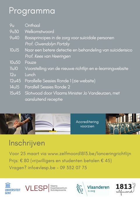 30 maart = lancering nieuwe richtlijn #suïcidepreventie door <a href="/VLESPtweet/">VLESP</a>. Input van psychologen kwam ondermeer van  <a href="/CompsyBelgie/">Psychologencommissie</a> &amp; <a href="/VVKP/">VVKP</a>