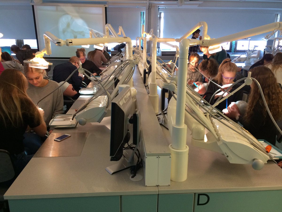 UniOulu's tweet image. Hammaslääketieteen opiskelijat harjoittelevat poraamista ja paikkailua Fantom-salissa #UniOulu #luentoralli #phantomlab #fantomsali