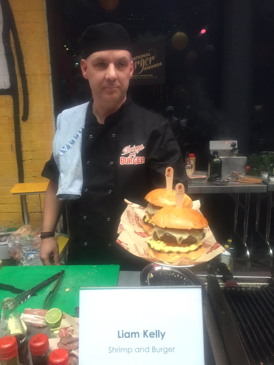 Liam Kelly from <a href="/ShrimpBurgerCo/">Shrimp and Burger</a> ready to send his Signature Burger through to the judges #NationalBurgerAwards