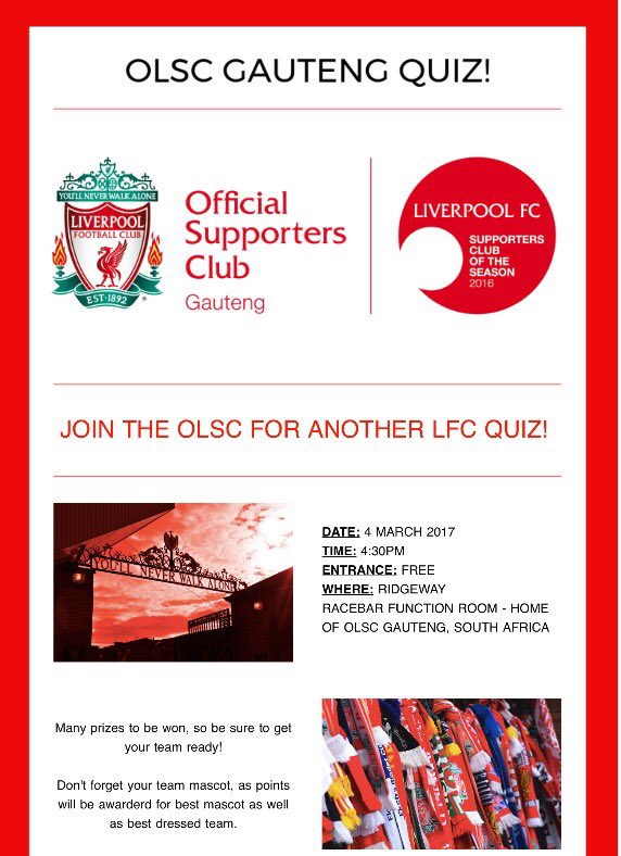 Reds, we'll be hosting another LFC quiz on the 4th of March prior to the Arsenal game at 4:30pm at <a href="/RidgewayRacebar/">Ridgeway Racebar</a>. ALL REDS WELCOME! YNWA