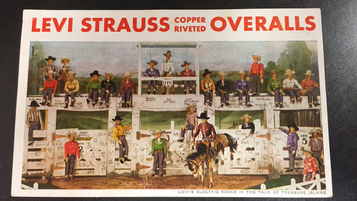 TraceyPanek's tweet photo. The Levi Strauss mechanical rodeo was part of the #GGIE 1939 fair on Treasure Island featuring tiny hand carved cowboys in mini @LEVIS jeans https://t.co/i4vAAncJRi