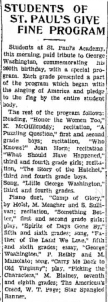 KMPazour's tweet photo. @StPaulValpo students helped celebrate Washington's 200th birthday, as per this #22Feb1932 Vidette-Messenger story. https://t.co/17UeAH8yeL