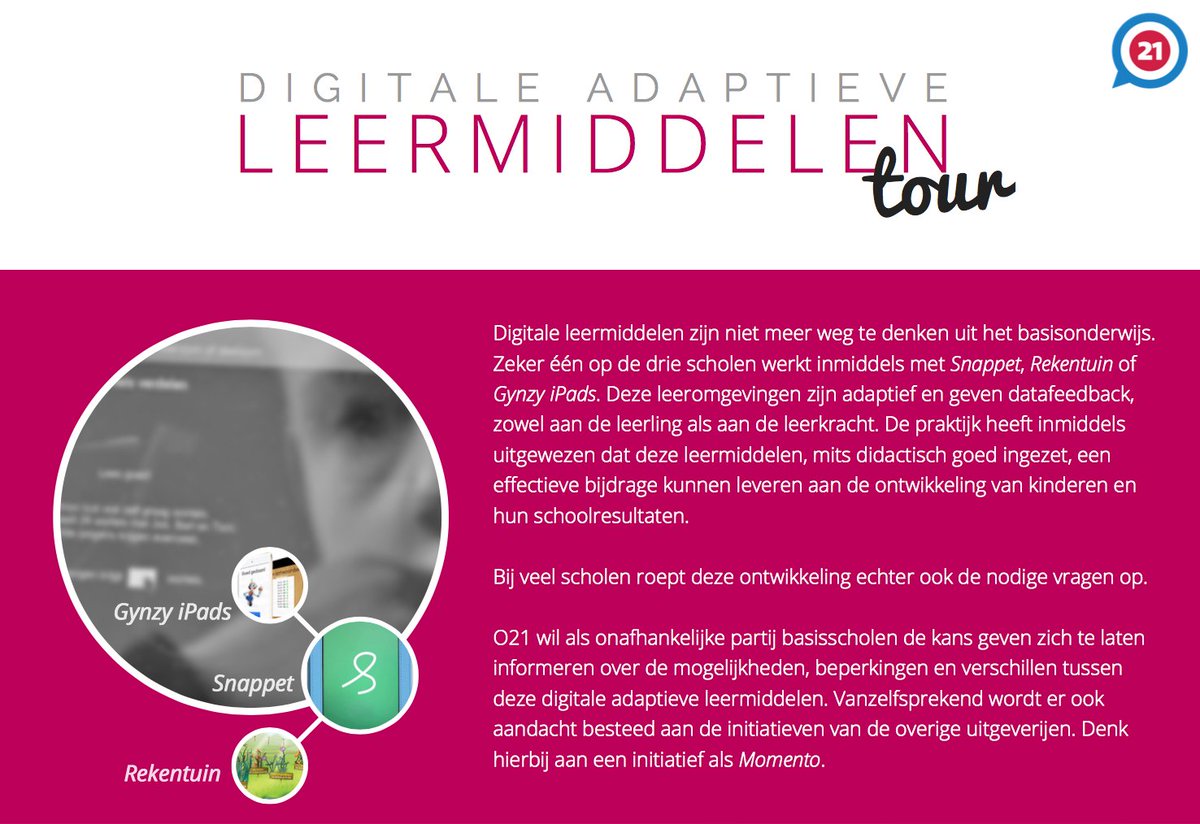 O21_nu's tweet photo. Op 5 plaatsen organiseert O21 een adaptieve digitale leermiddelentour. #Snappet #Gynzy #Rekentuin goed vergelijken? https://t.co/QB5M5pCYrI https://t.co/Nh9TfGxLUI