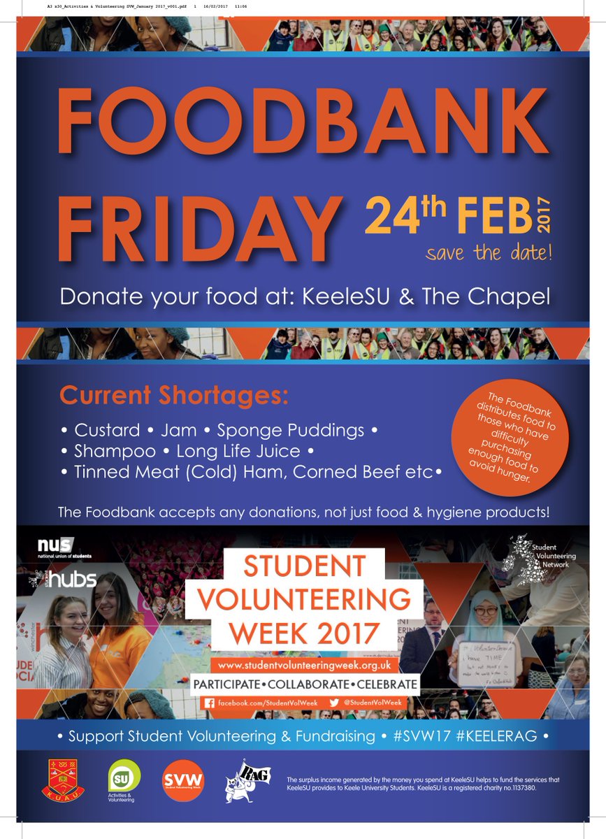 KeeleSUv's tweet photo. Be apart of #FoodbankFriday Bring your donations to @KeeleSU or @Keelechapel tomorrow! https://t.co/nomcxgRSH6 #SVW2017 #KeeleRAG https://t.co/wVr5pqmFXD