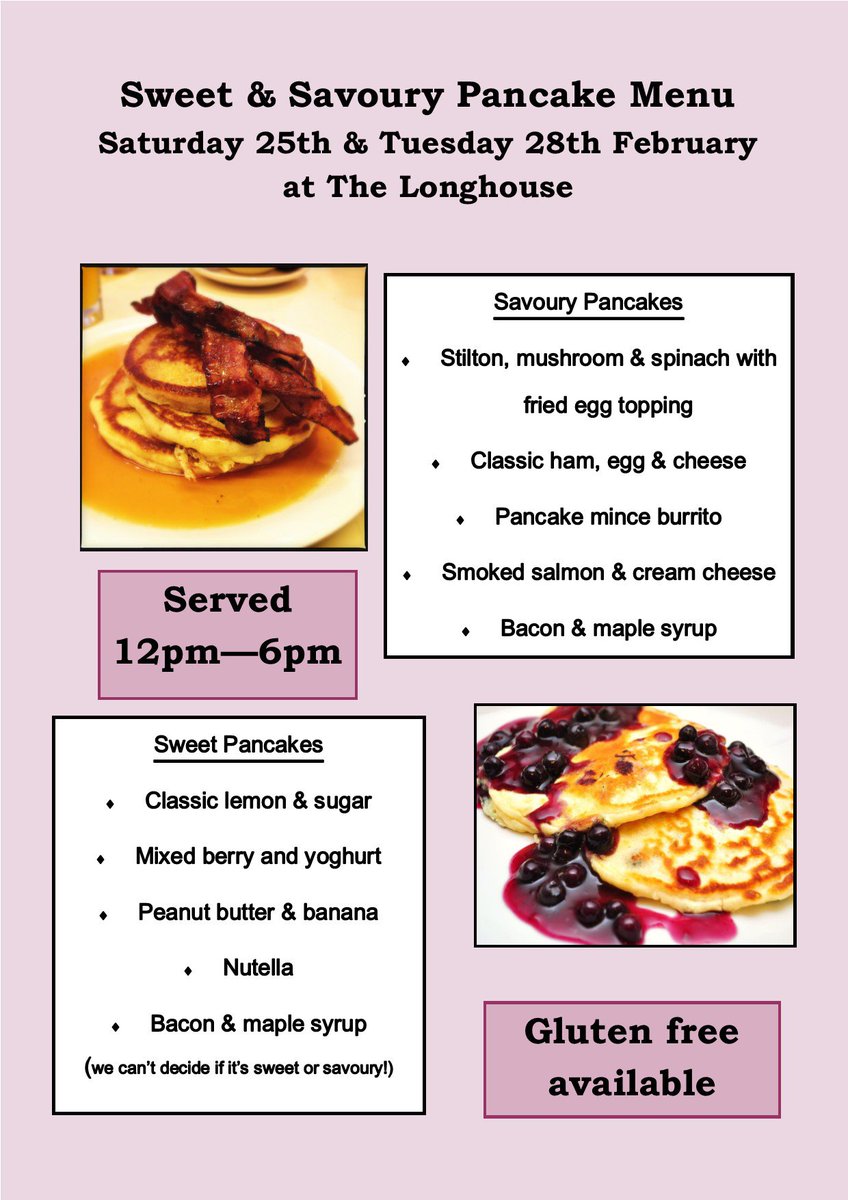 TimeFlies_Pembs's tweet photo. Can't wait for #PancakeDay?  We're serving full pancake menu Saturday 25th AND Tuesday 28th at The Longhouse https://t.co/6L7lAb9Fcu