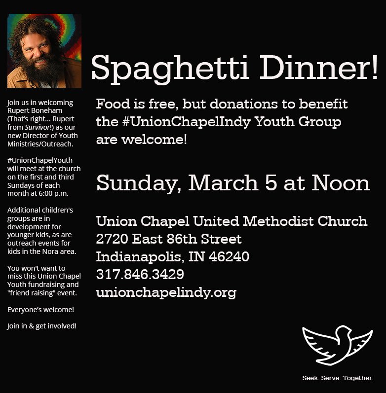 UnionChapelIndy's tweet photo. Welcome #RupertBoneham to our staff and enjoy a meal!
Everyone welcome. #survivor #yum https://t.co/edxFlw9xvp