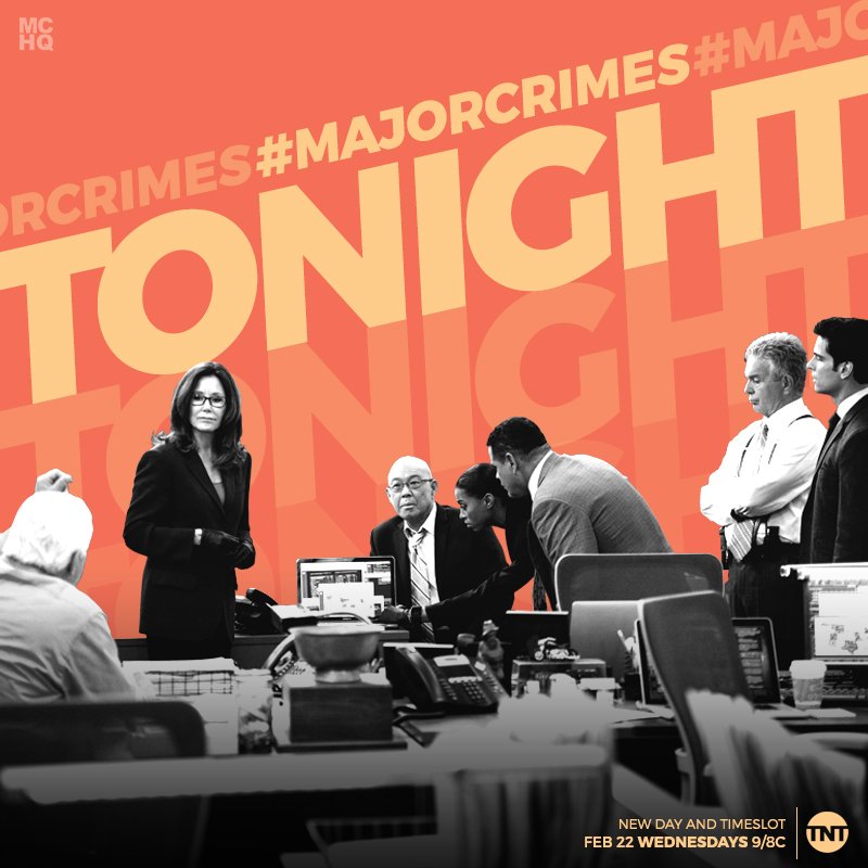 MajorCrimesHQ's tweet photo. The #MajorCrimes squad returns TONIGHT! Tune in on their NEW DAY and NEW TIMESLOT, WEDNESDAYS at 9/8C on TNT! WATCH IT LIVE! #WatchLiveFor5 https://t.co/VRzcSfFcjG