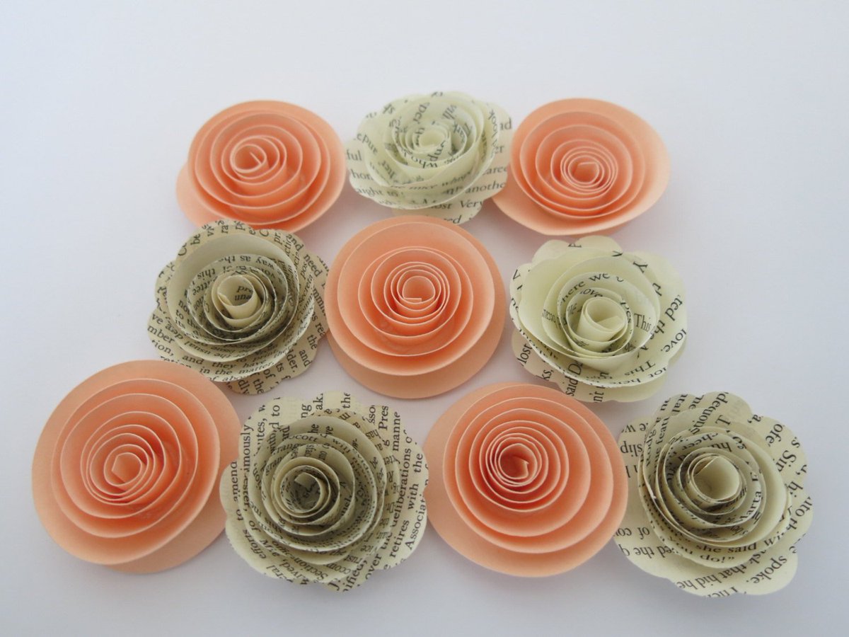 AlwaysnBlossom's tweet photo. Peach & Book Page roses, 10 paper flowers, 1.5" rosette, … https://t.co/vmfxe3PGFq #AlwaysInBlossom #IndoorReception https://t.co/pvtiydnOa1