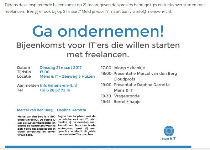 marcelvandenber's tweet photo. Overweeg je om te gaan freelancen in ICT? Kom naar mijn presentatie op 21 maart! #zzp #ondernemen #gofortit #takecontrol #vrijheid #Yolo https://t.co/XnlDKamv04