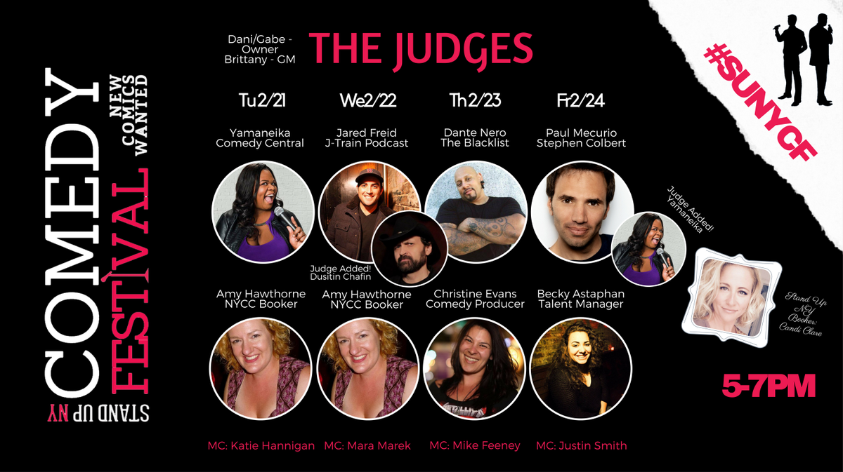 StandUpNY's tweet photo. Just added 2 more judges for this weeks #SUNYCF #ComedyFestival! Stop by 5-7pm today, no min, no admission --- just comedy &amp; drink specials! https://t.co/fQZ3ysYorf