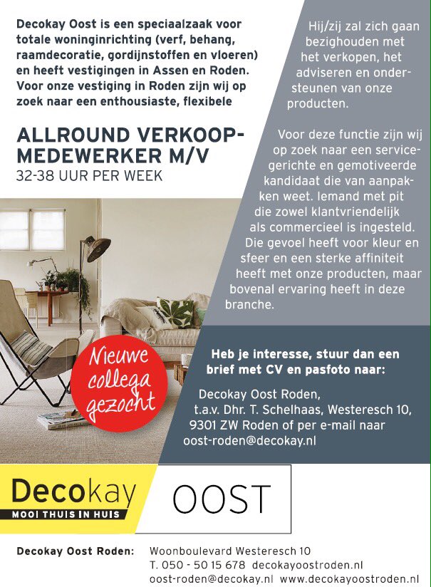 Wij zijn opzoek naar een nieuwe collega voor 32-38 uur per week. #vacature #kleuradvies #interieur