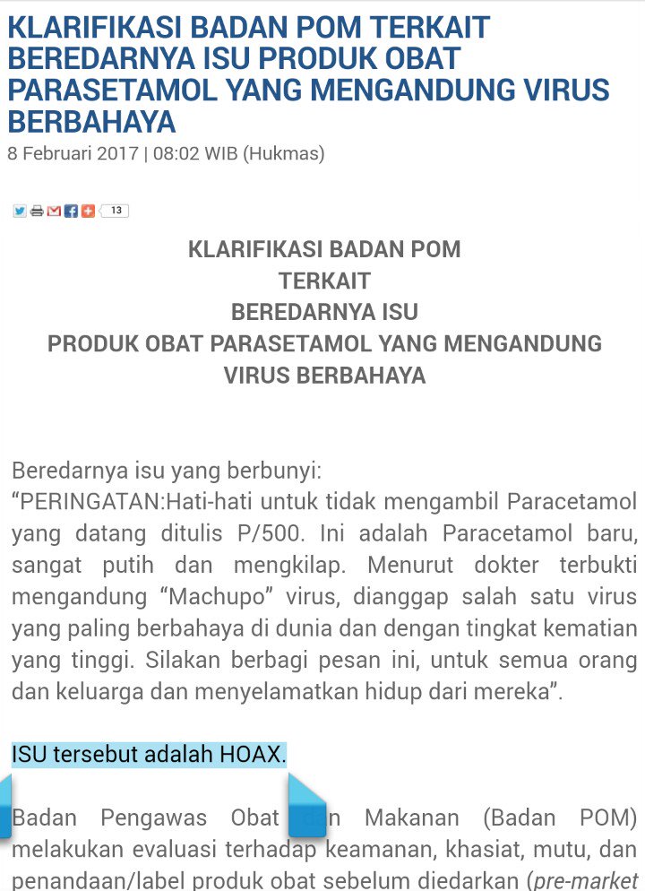anjarisme's tweet photo. Ini klarifikasi lengkap @BPOM_RI bahwa isu Paracetamol mengandung virus berbahaya itu HOAX. Jangan mau dibohongi dan jangan sebarkan hoax! https://t.co/fl3b0DT9lU