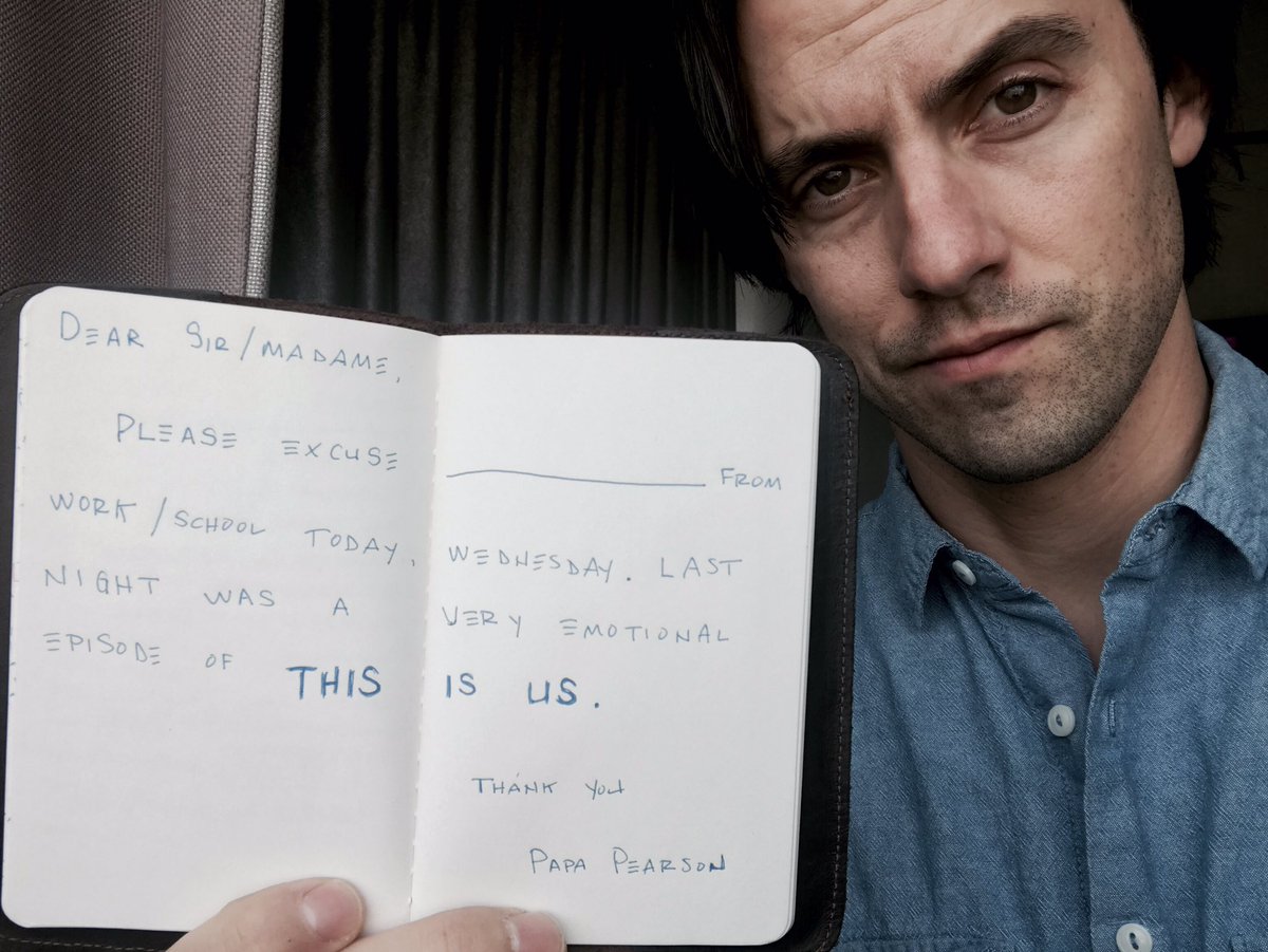 Y98Jen's tweet photo. Puffy eyes after last night's @ThisIsUsNBC? @MiloVentimiglia has your note for being late to work: https://t.co/5Fp6Kx2OFK #schmig https://t.co/rau8bXxysC