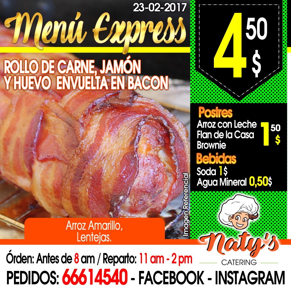 NatyCateringPTY's tweet photo. MENÚ PARA MAÑANA 23-02-2017 Con Delivery 4.50$ 
• Rollo de Carne con Jamón y Huevo Envuelto en Bacon, Arroz Amarillo, Lentejas #Panama #Pty https://t.co/gzDxFwwAam