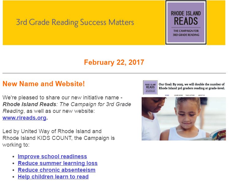 RIKidsCount's tweet photo. Here's the latest E-News from RI Reads: The Campaign for 3rd Grade Reading! https://t.co/Ts19v18Pu3 @liveunitedri #ReadingRI #GLReading https://t.co/Izu4xIGlvu