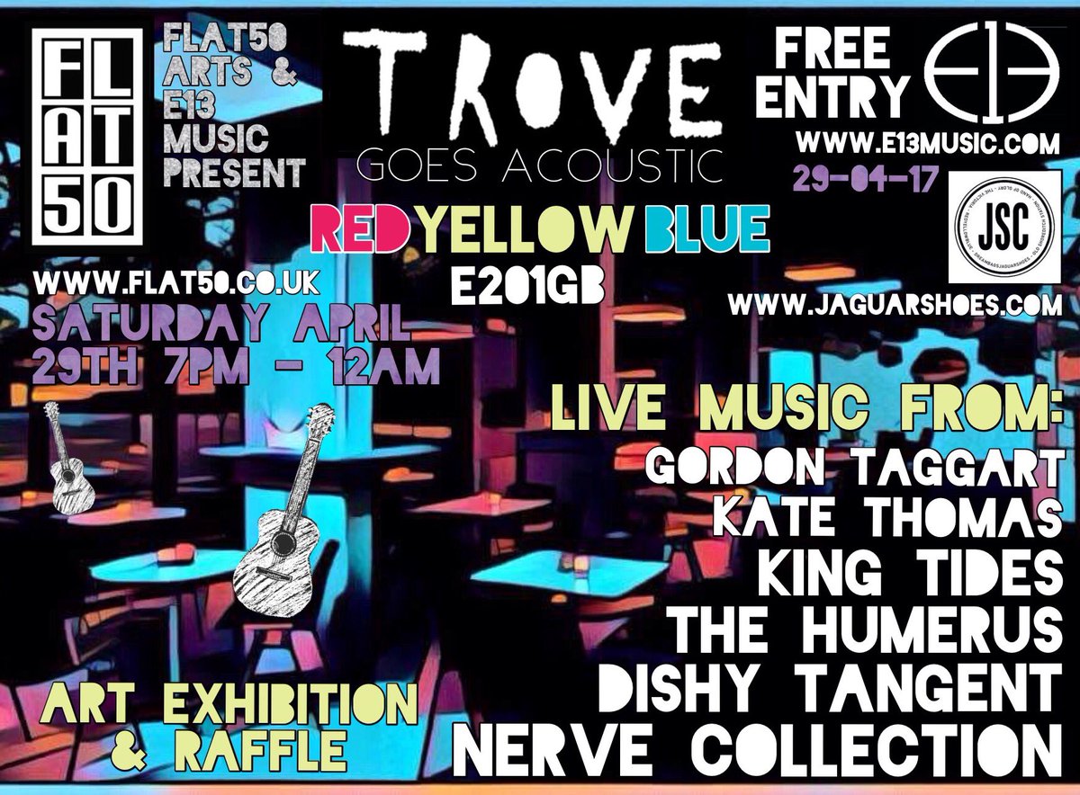 flat50arts's tweet photo. April 29 @redyellowbluE20 @THENCLONDON @DishyTangent @kingtidesband @TheHumerusBand @katethomasmusic @gordontaggart1 https://t.co/JOAVzsdhgk https://t.co/L6C03b6gag