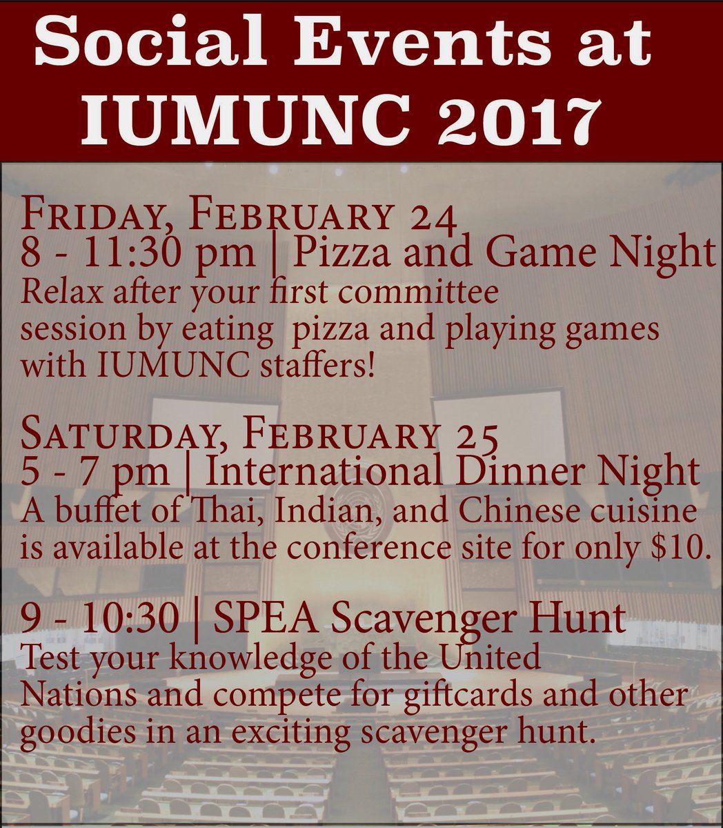 indianaMUNCviii's tweet photo. 2 days until #IUMUNC17!!! This year we are excited to have these awesome social events planned for our participating delegates! #MUNisFUN https://t.co/oYaFxNa75F