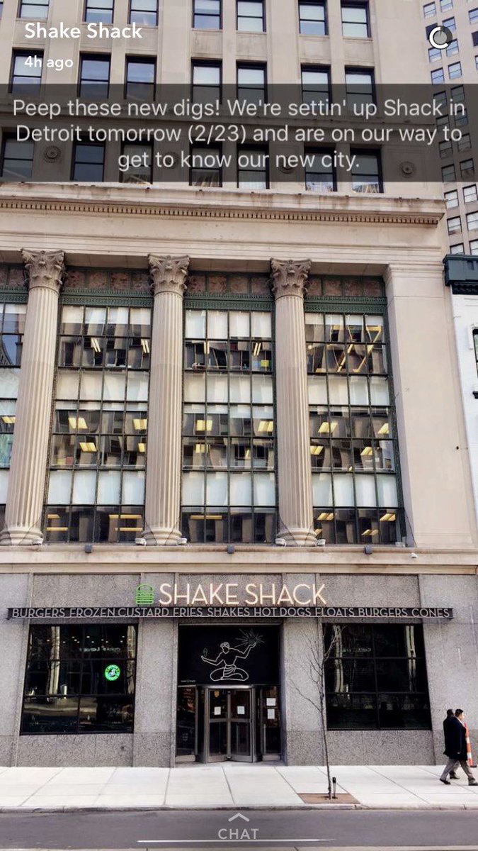 shakeshack's tweet photo. We're out here, Detroit! Follow us on Snapchat as we explore our new city before opening tomorrow (2/23): https://t.co/jTjSgVh2Si https://t.co/xL0B0xS8ND