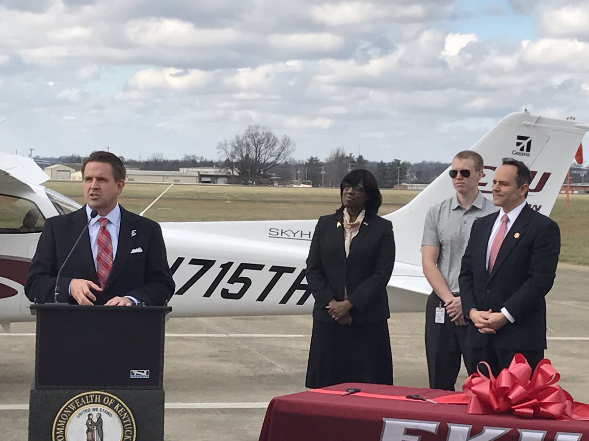 DTMCFADDIN's tweet photo. @EKUPrez kicking off the Top Hawk program for aviation day in KY. Introducing @GovMattBevin before he takes flight in our new EKU Cessna! https://t.co/SfA6KD9txz
