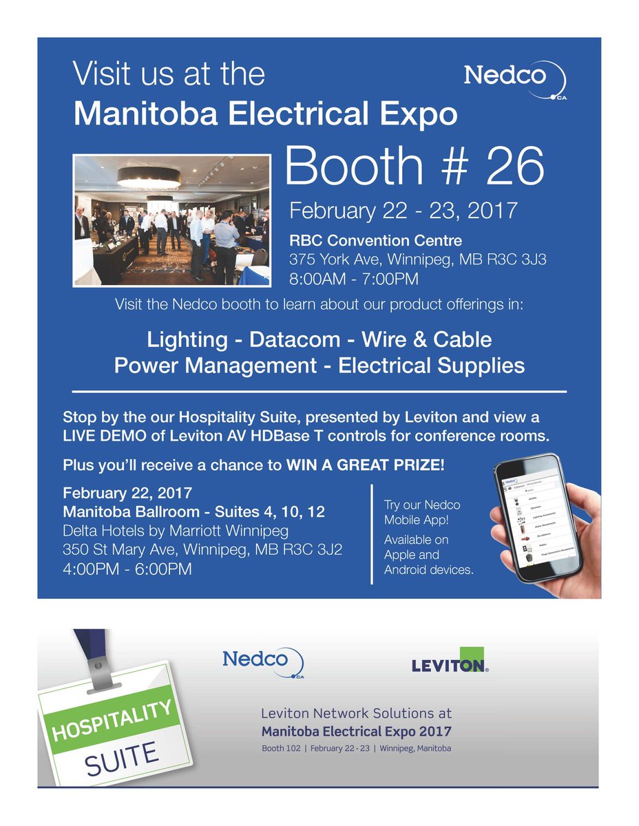 NedcoWest's tweet photo. Join us today &amp; tomorrow at the Manitoba Electrical Expo in booth #26! Come see the latest product &amp; our new digital solutions! https://t.co/FSG2ZSxSMO