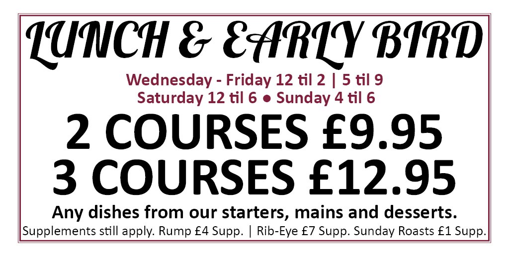MonktonMasons's tweet photo. Our Lunch &amp; Early Bird offer: 10 starters, 12 main courses, 6 dessert: 2 courses £9.95.
https://t.co/9AIbZUquZg https://t.co/WUdCMMJyj8