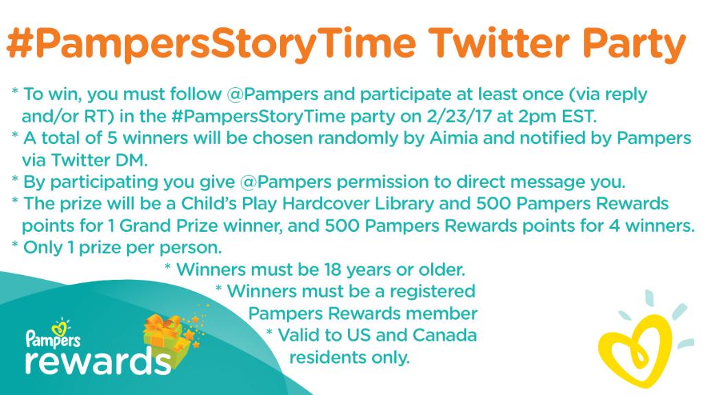 Pampers's tweet photo. Join us on 2/23 at 2pm ET for #prizes and #fun during the #PampersStorytime Twitter party with @ChildsPlayUSA https://t.co/HjkJkwGHXo